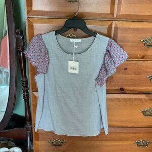 Ces Femme Gray Striped Scoop Neck Top with Pink Patterned Flutter Sleeves